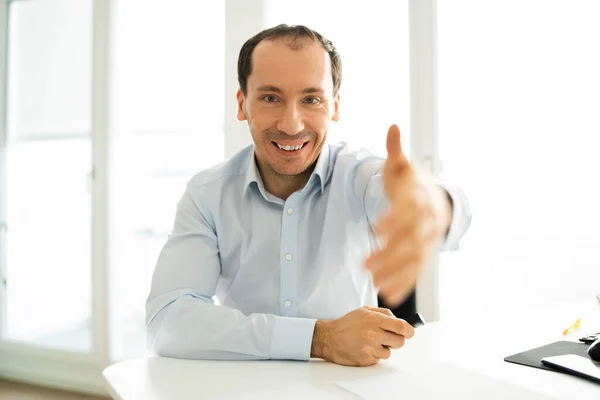 Executive Man Welcoming Handshake Video Conference — Stock Photo, Image