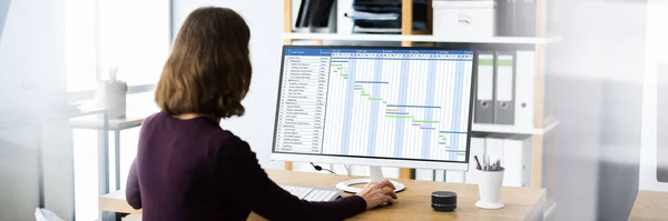 Businesswoman Working Gantt Chart Using Computer Office Desk — 스톡 사진