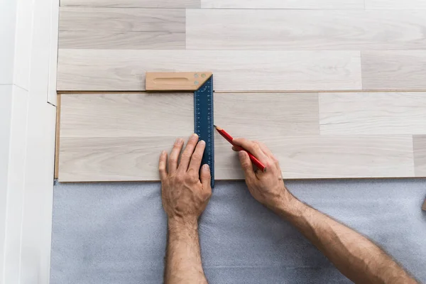 Laminate Floor Installation Wood Flooring Carpenter Drawing Line — Stock Photo, Image
