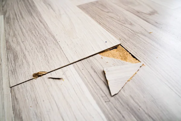 Destroyed Laminate Floor Broken Old House Flooring Damage — Stock Photo, Image