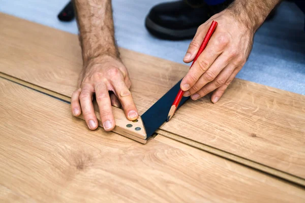 Laminaat Vloer Installatie Houten Vloer Timmerman Treklijn — Stockfoto