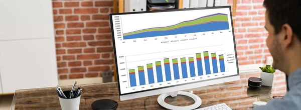 Datenanalytiker Mit Diagrammen Und Grafiken Computer — Stockfoto