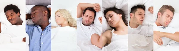 Diverse Mensen Slapen Bed Foto Collage — Stockfoto
