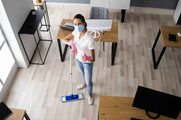 Female Janitor Mopping Floor Face Mask Office — Stock Photo, Image