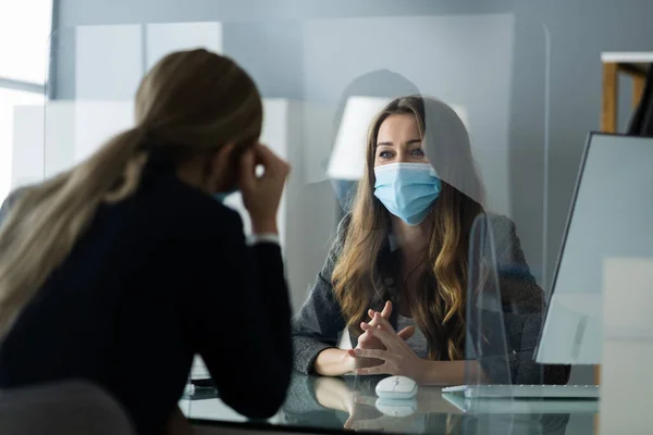 Job Interview Insurance Agent Meeting Mask Sneeze Guard — Stock Photo, Image