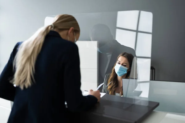 Hotel Reception Desk Protected Medical Mask Covid — Stock Photo, Image