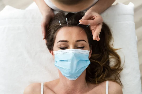 Acupuncture Woman Face Close Face Mask — Stock Photo, Image