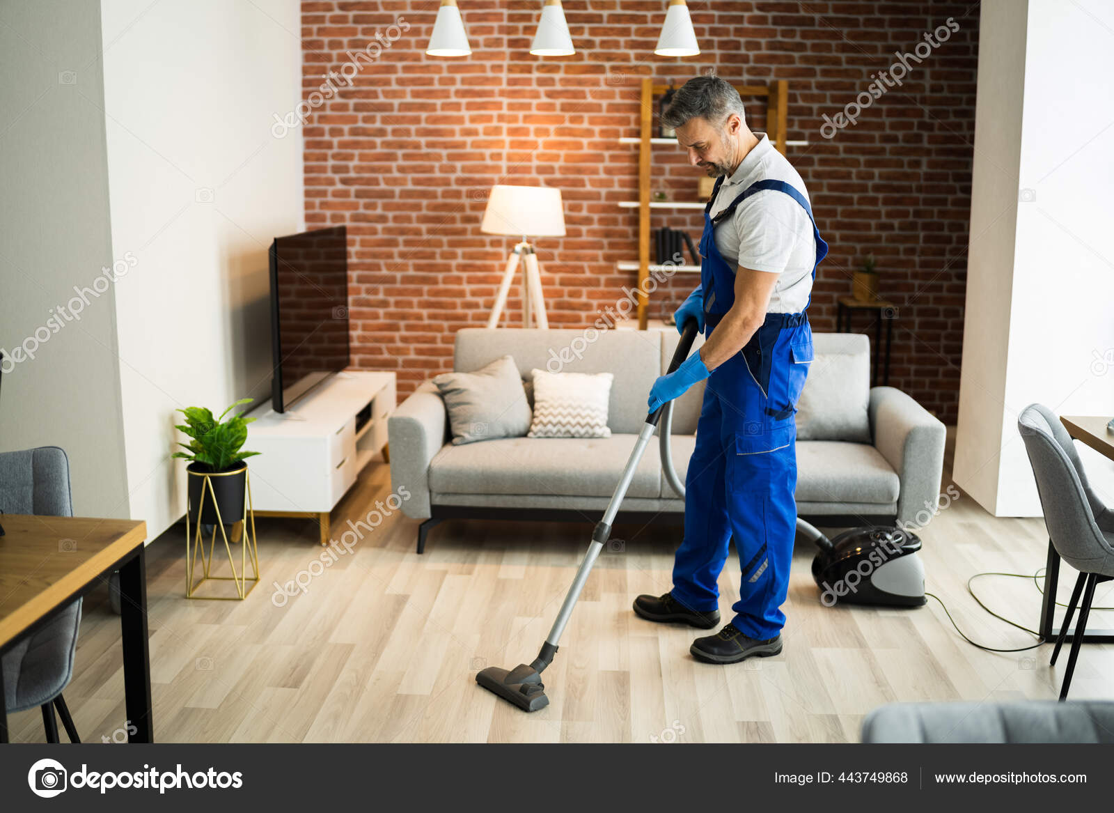 Hombre Uniforme Aspirando Piso Casa Limpieza Casa — Foto de stock