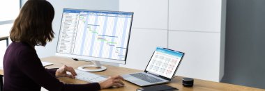 Gantt çizelgesinde çalışan iş kadını ofis masasındaki bilgisayarı kullanıyor.