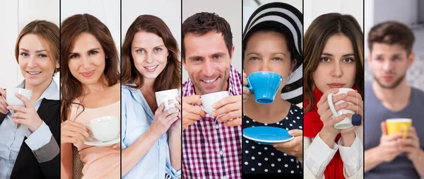 Leende Och Lättsinniga Människor Som Dricker Kaffe Ansikte Porträtt Collage — Stockfoto