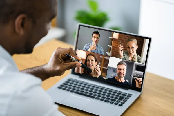 Cigarette Smoking Break Virtual Online Video Conference Call — Stock Photo, Image