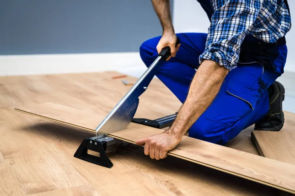 Home Improvement Job Carpentry Equipment Tool Laying New Hardwood Floor — Stock Photo, Image
