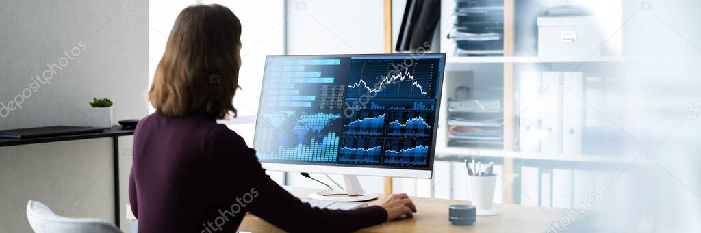 KPI Marketing Dashboard On Computer. Women Doing Project Management
