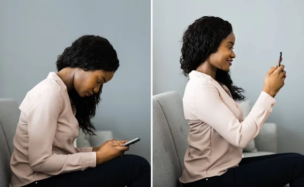 Postura Incorreta Correta Coluna Vertebral Usando Smartphone Telefone — Fotografia de Stock