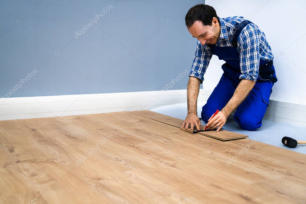 Laminate Floor Installation. Wood Flooring Carpenter Drawing Line