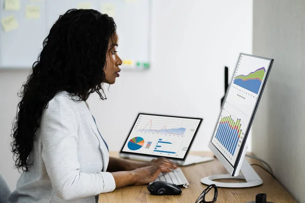 Analista Negócios Mulher Usando Tecnologia Dados Computador — Fotografia de Stock