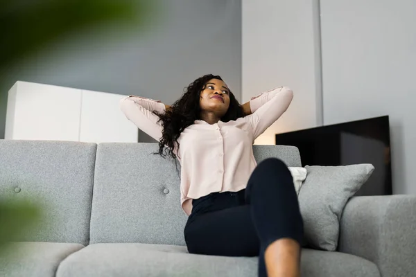 Young African Woman Sofa Couch Dreaming — Stock Photo, Image