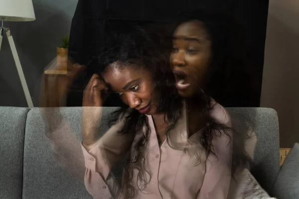 Condição Esquizofrenia Transtorno Bipolar Dupla Exposição Triste Mulher Africana — Fotografia de Stock