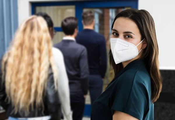 Waiting Queue Wearing Covid Face Mask — Stock Photo, Image