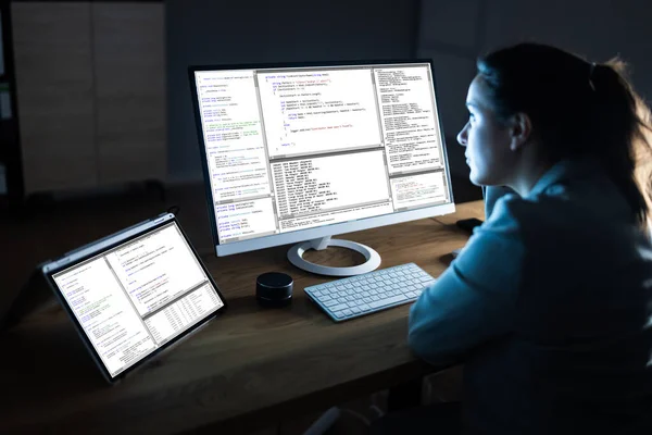 Software Programmer Coder Working Computer Night — Stock Photo, Image