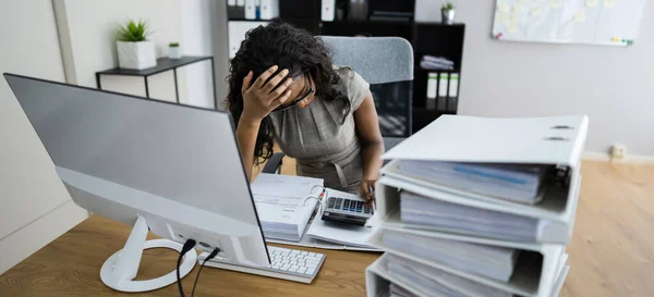 Workaholic Accountant Employee With Headache And Stress From Paperwork