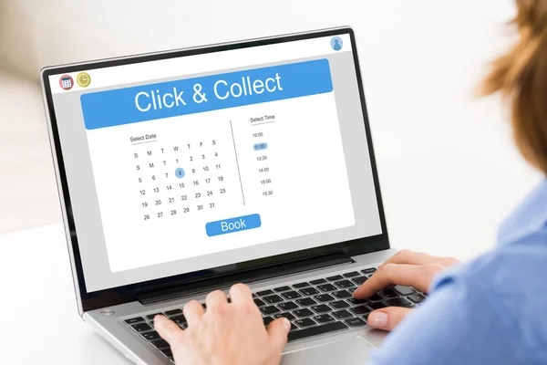 Buchen Klicken Sie Und Sammeln Sie Termin Auf Laptop Online — Stockfoto