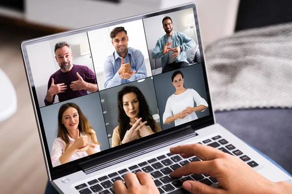 Personas Que Aprenden Lenguaje Señas Sordo Videoconferencia — Foto de Stock