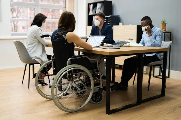 Diverse Disabled Business Worker People In Wheelchair Wearing Face Mask