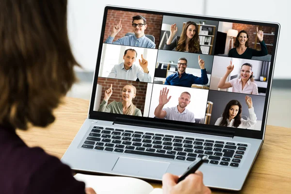 Video Conferencing Call Waving Hello Hand — Stock Photo, Image