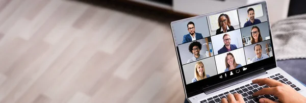 Virtual Elearning Video Conference Call Banner Couch —  Fotos de Stock