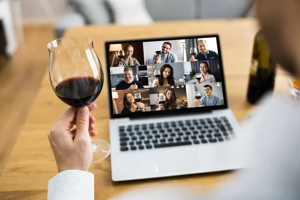 Virtual Wine Tasting Dinner Event Online Using Laptop — Stock Photo, Image