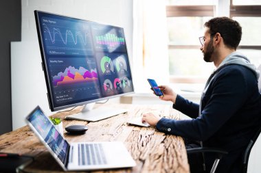 KPI İş Analitik Veri Kontrol Paneli. Analizci Bilgisayar Kullanıyor