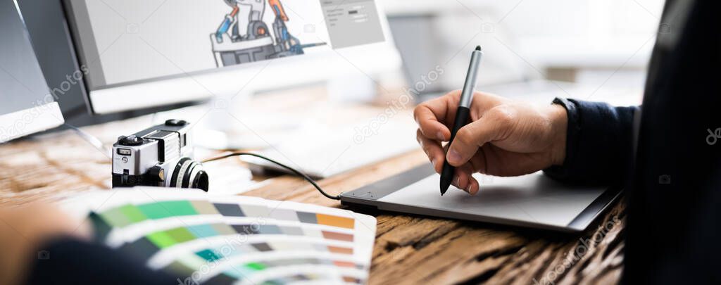 Graphic Artist Designer Drawing Sketch On Tablet