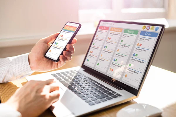 Kanban Scrum Schema Styrelse Plan App Management Tablet — Stockfoto