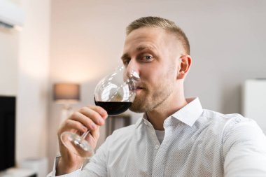 Gülümse Genç adam Şarap Akşam Yemeği Video Konferansı