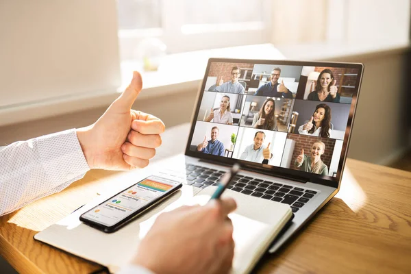Videokonferens Webinar Call Business Laptop Tummen Upp — Stockfoto
