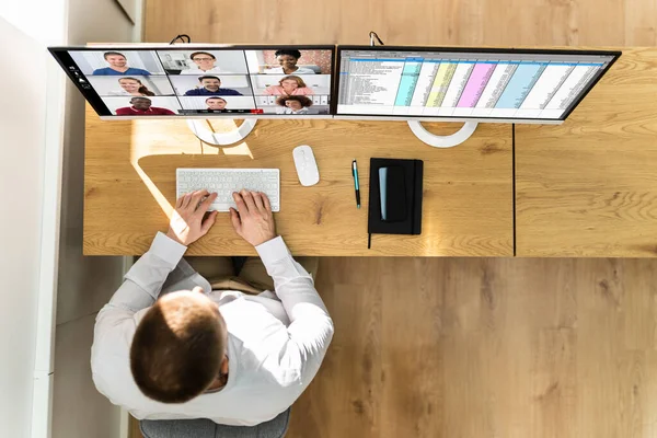 Video Conference Webinar Business Call Multiple Monitor Screens — Stock Photo, Image