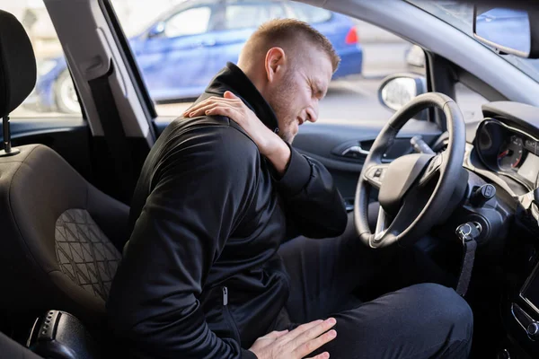 Bilförare Tillbaka Smärta Skada Dålig Hållning — Stockfoto