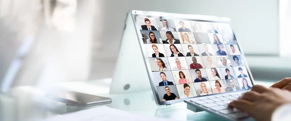 Black Woman Virtual Conference Call Hybrid Business Laptop — Stock Photo, Image