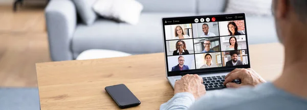 Webinar Videoconferencia Línea Hombre Trabajando Desde Casa —  Fotos de Stock