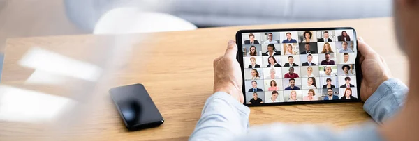 Webinar Videoconferencia Línea Hombre Trabajando Desde Casa — Foto de Stock