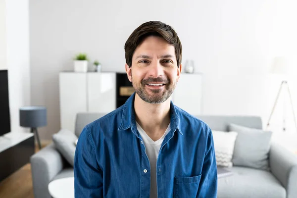 Happy Man Video Conference Webinar Portrait Home — Stock Photo, Image