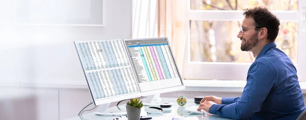 Analist Werknemer Met Behulp Van Spreadsheet Het Scherm Van Computer — Stockfoto