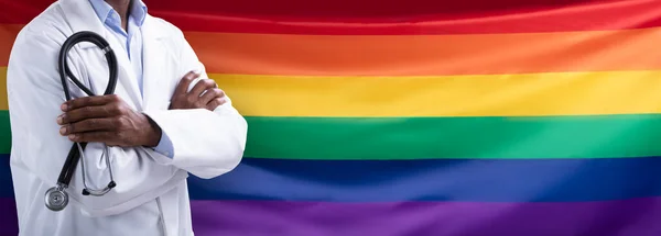 Medico Lgbt Con Bandiera Bisessuale Lesbica Transgender Cura — Foto Stock