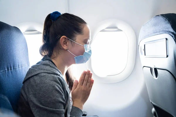 Vliegtuig Reizen Phobia Bang Vrouw Gezicht Masker — Stockfoto