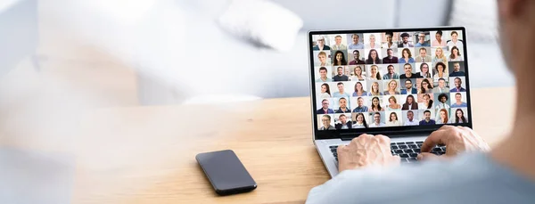 Webinar Videoconferencia Línea Hombre Trabajando Desde Casa — Foto de Stock