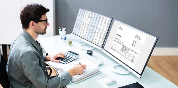 Λογιστής Χρησιμοποιώντας Finance Τιμολόγιο Λογισμικού Και Υπολογιστής — Φωτογραφία Αρχείου