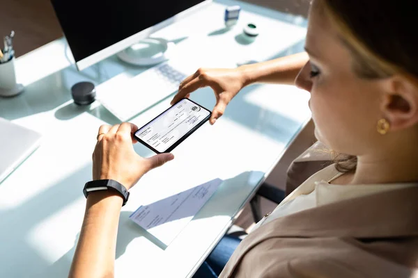 Remote Check Deposit Taking Photo Mobile Phone — Stock Photo, Image