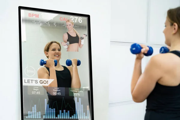 Smart Mirror Workout Exercise Class Women Doing Fitness — Stock Photo, Image