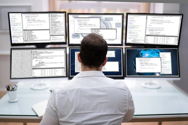 Software Developer Programming Computer Monitor Screens — Stock Photo, Image